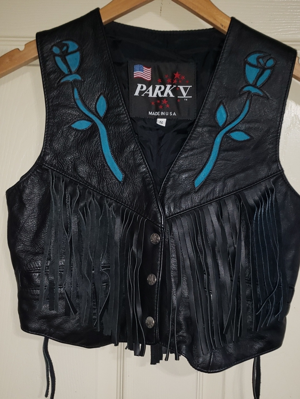 Park V Y2K Conchos Leather Fringe Vest Teal Floral Appliqué Biker Moto Western